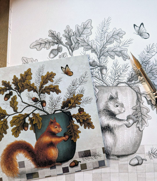 Ecureuil et feuilles de chêne